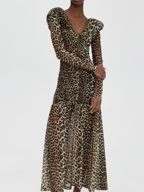 GANNI Printed Mesh Long Ruched Dress
