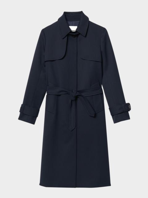 Sandro Navy Pleated-Back Belted Trench Coat