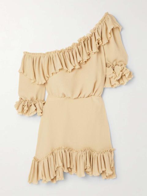 Off-the-shoulder ruffled silk-crepon mini dress Beige