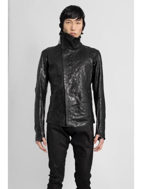Black high-neck unlined asymmetric leather jacket
