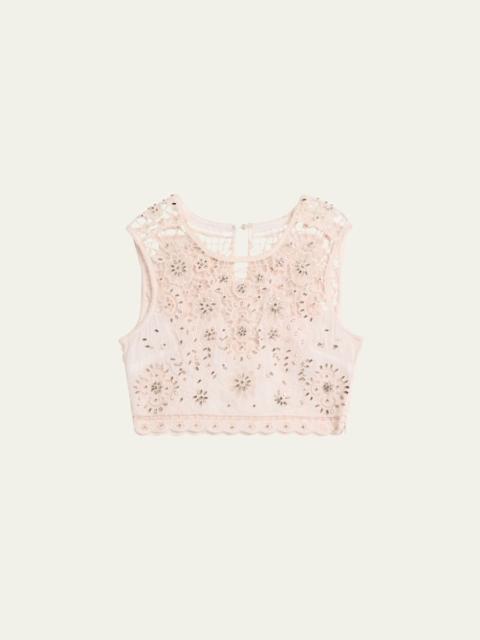 LoveShackFancy Emeryn Embellished Floral Crop Top