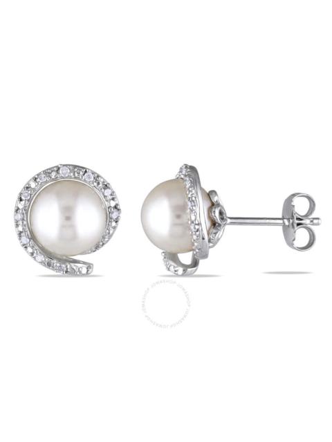 Other Designers AMOUR 8 - 8.5 Mm White Cultured Freshwater Pearl and 1/10 CT TW Diamond Earrings In Sterling Silver
