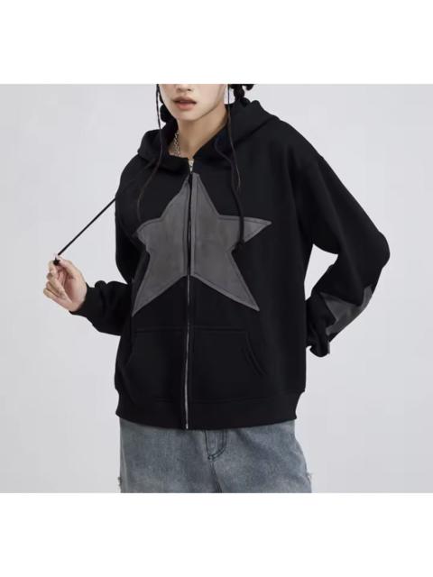 Other Designers Japanese Brand - Y2K Grunge Black Oversized Full Zip Hoodie Star Patch E-Girl