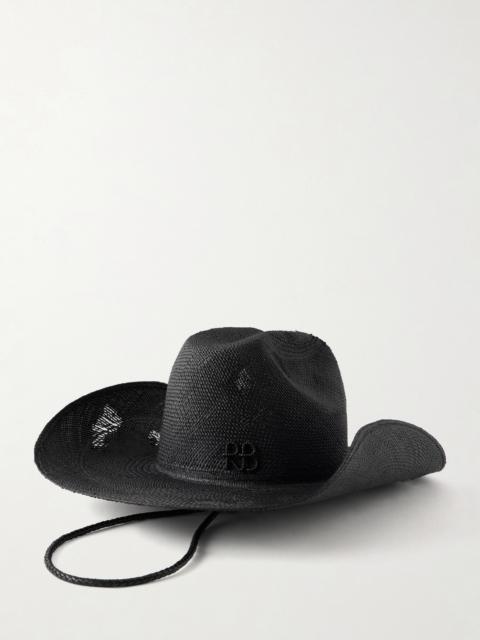 RUSLAN BAGINSKIY Cowboy Distressed Leather-trimmed Embroidered Straw Hat