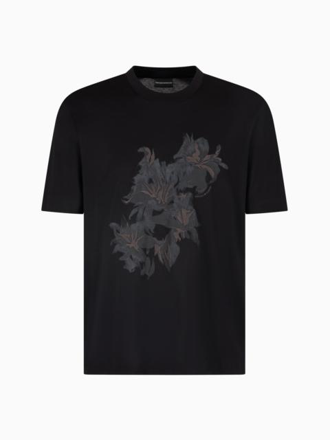 EMPORIO ARMANI ASV LYOCELL-BLEND JERSEY T-SHIRT WITH PRINT AND FLORAL EMBROIDERY