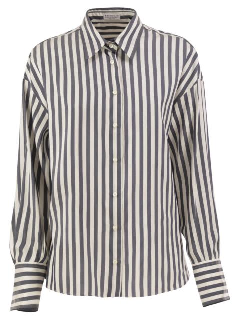 Brunello Cucinelli Brunello Cucinelli Women Striped Silk Shirt With Knitted Insert