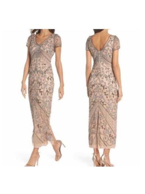 Other Designers Pisarro Nights Beaded Mesh Column Gown Beaded Silver Sequin Beige Dress SZ 2 NWT