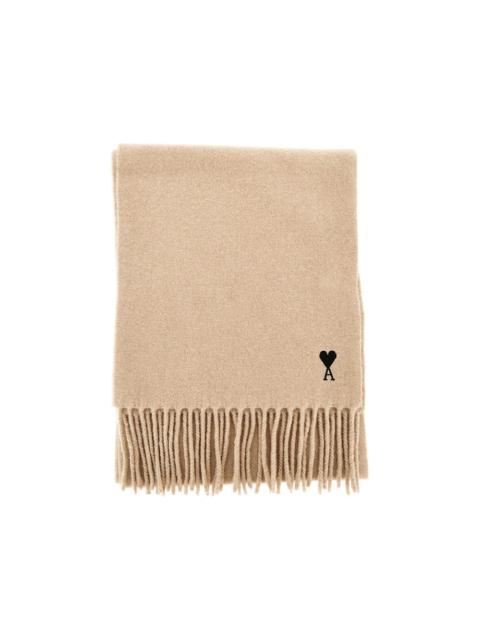 AMI Paris Ami Ami De Coeur Embroidery Wool Scarf Beige