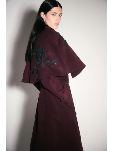 KAREN MILLEN Brushed Wool Pu Mix Placed Floral Embroidery Applique Tailored Cape Full Skirted Midi Coat