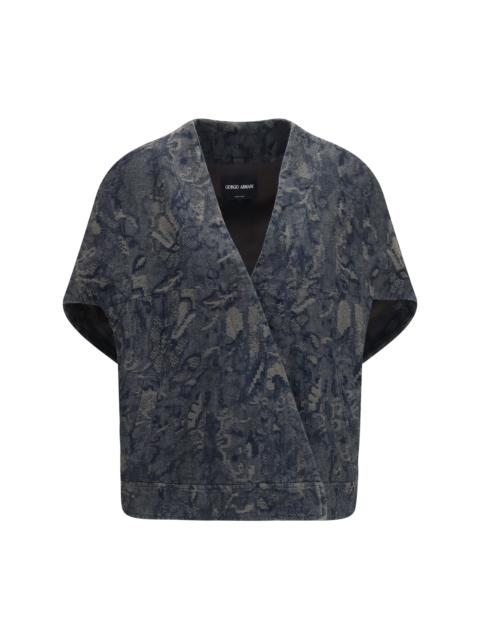 GIORGIO ARMANI Giorgio Armani Oversized Floral Jacquard Denim Jacket Grey Navy