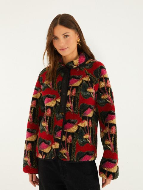 FARM RIO Black Wild Mushrooms Fleece Bomber Jacket