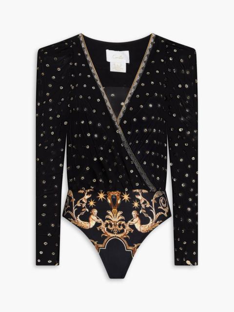 CAMILLA Embellished printed metallic fil coupé silk-blend georgette and jersey bodysuit