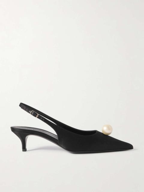 Faux pearl-embellished silk-satin slingback pumps Black