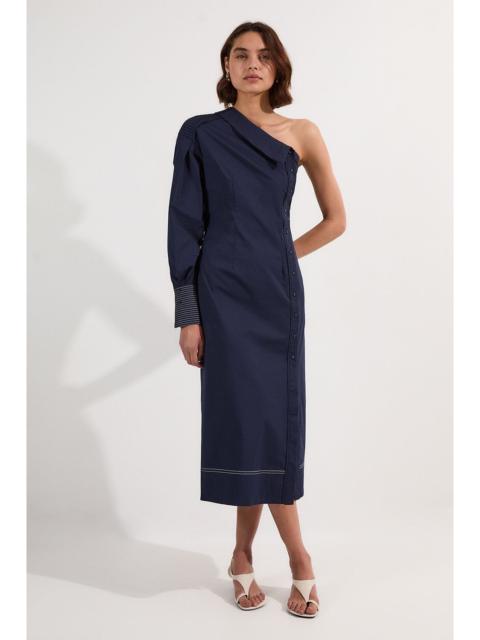 KAREN MILLEN Cotton Poplin Top Stitch Detail One Shoulder Woven Midi Dress