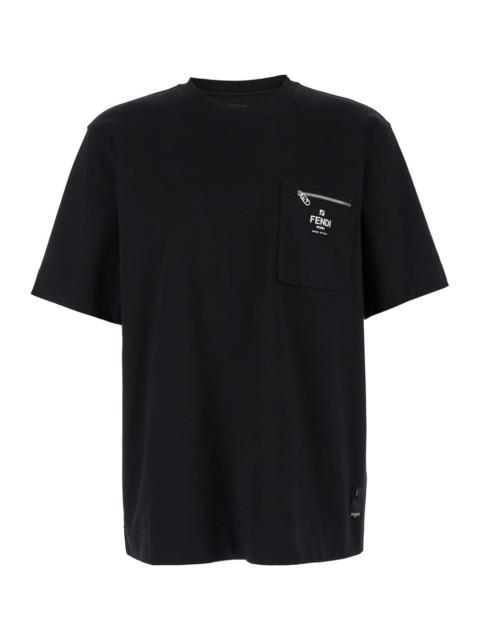 FENDI Fendi Men Black Crewneck T-Shirt With Logo Print On The Front In Cotton Man