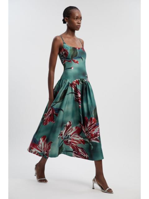 KAREN MILLEN Photographic Floral Heavy Satin Drop Waist Maxi Dress