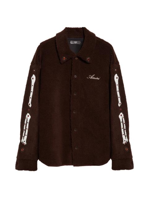 AMIRI AMIRI Studded Bones Appliqué High Pile Fleece Overshirt in Dark Brown at Nordstrom