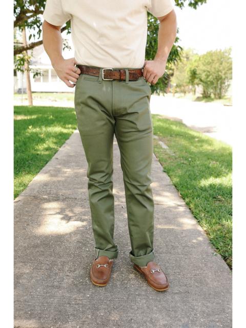 Iron Heart 9OZ MERCERIZED SELVEDGE COTTON RELAXED TAPERED CUT CHINOS - OLIVE IH-727-OLV