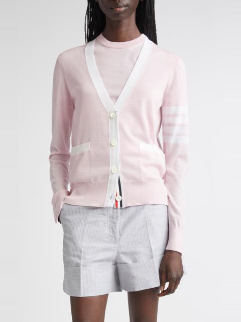 Thom Browne Thom Browne 4-Bar Relaxed Fit V-Neck Virgin Wool Cardigan in Light Pink at Nordstrom