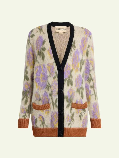 Valentino Floral-Print Mohair V-Neck Cardigan