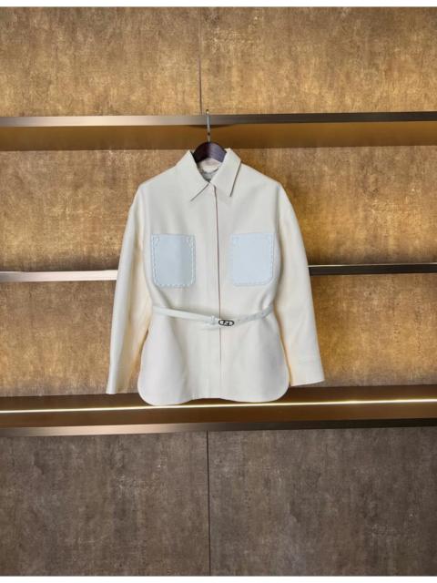 FENDI Fendi Cream Wool & Silk Belted Leather Pocket Jacket