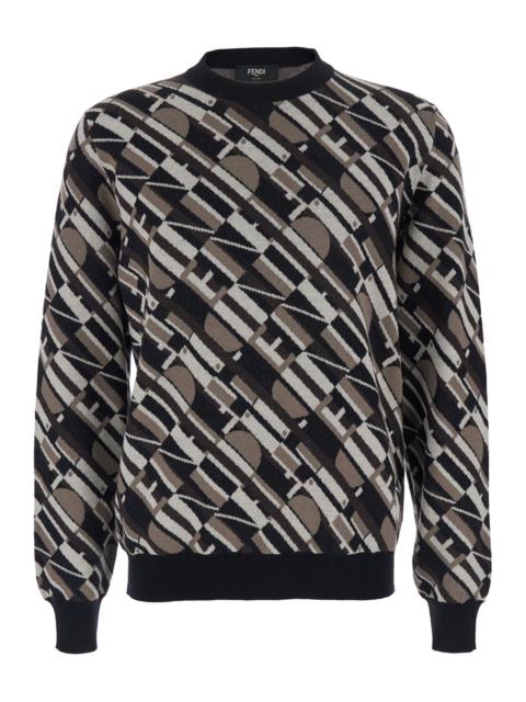 FENDI Fendi Men Brown Crewneck Sweater With All-Over Geometric Motif In Wool Man