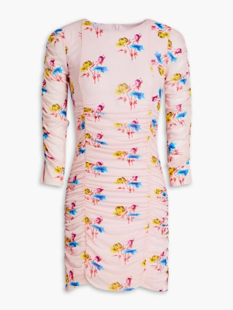 GANNI Ruched floral-print stretch-mesh mini dress