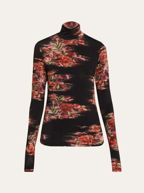GANNI Floral Print Jersey Turtleneck