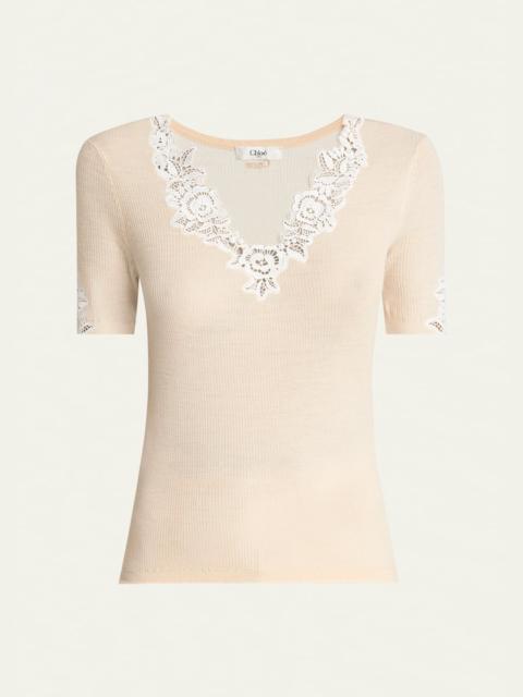 Chloé Floral Guipure Lace V-Neck Fitted Top