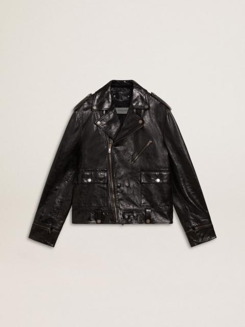 Men's black leather biker jacket with glossy effect