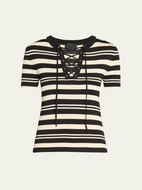 NILI LOTAN Oaklynn Stripe Lace-Up Silk T-Shirt