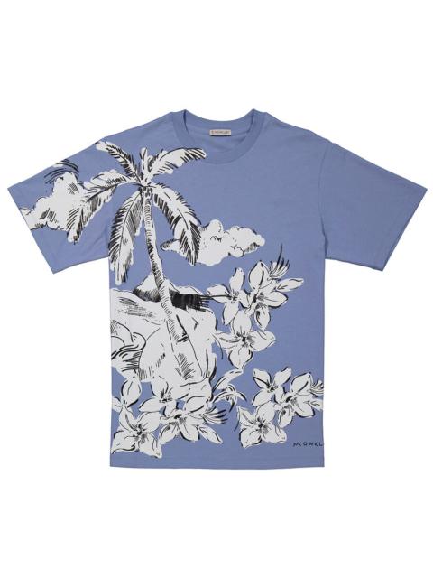 Moncler Light Blue Floral Print Cotton Crew Neck T-Shirt