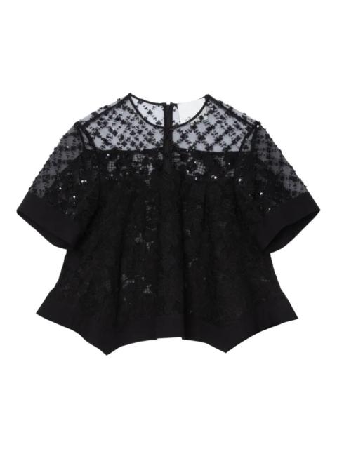 3.1 Phillip Lim Corded Lace Organza Short Sleeve Flounce Top
