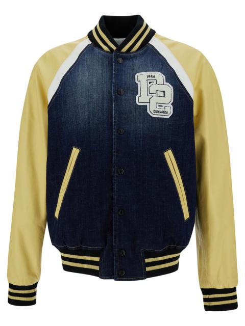 Dsquared2 Men 'College' Yellow And Blue Varsity Jacket With Logo Patch And Contrasting Sleeves In St