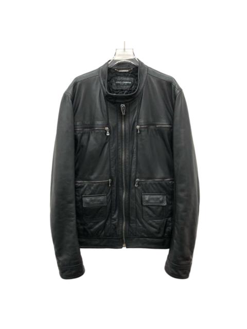 Dolce & Gabbana Dolce Gabbana Sheepskin Stand Collar Zip Long Sleeve Leather Jacket Black