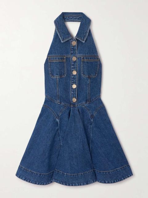 Paneled denim halterneck mini dress Blue