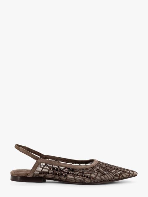 Brunello Cucinelli Glistening Abstract Embroidery Suede Flats Slingback