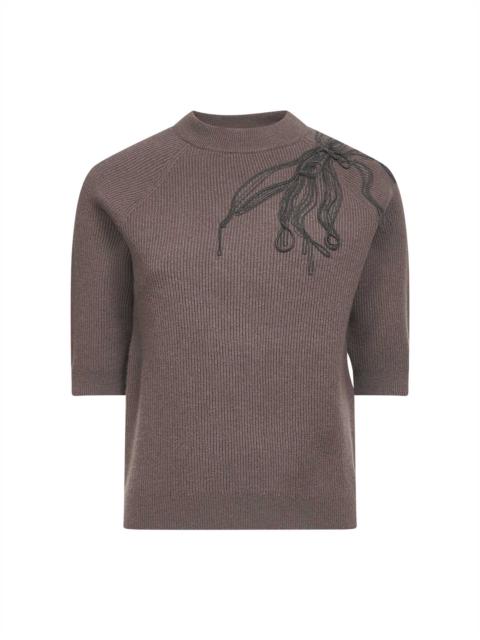 Brunello Cucinelli Brunello Cucinelli Women Brown Cashmere Shiny Flower Embroidery Sweater