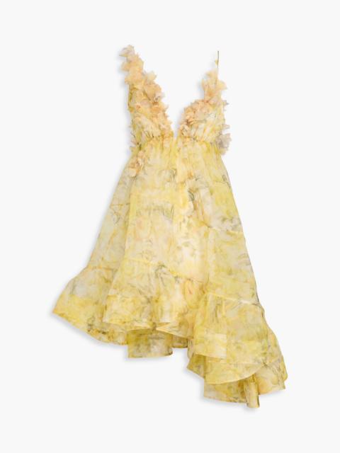 Zimmermann Asymmetric floral-appliquéd printed silk-organza dress