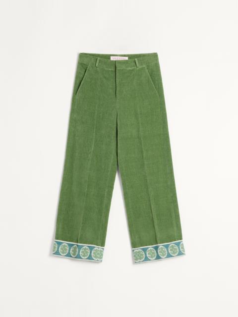 WASHED COTTON-LINEN VELVET PANTS WITH JACQUARD HEMS