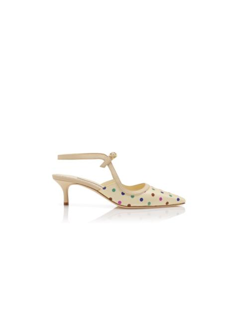 Manolo Blahnik Cream Silk Polka Dot Ankle Strap Pumps