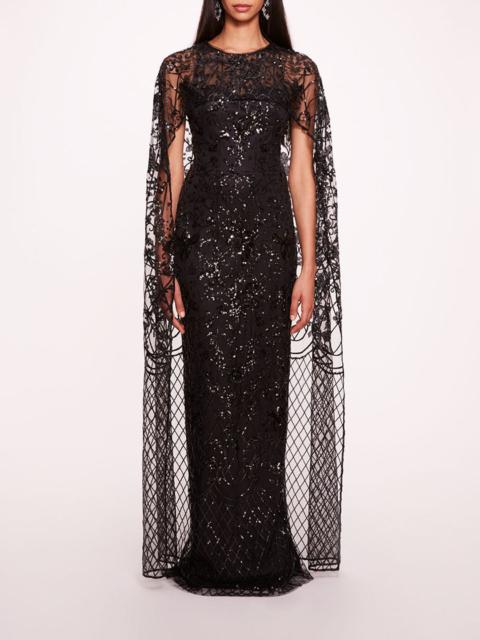 Marchesa SEQUIN LATTICE CAPE GOWN