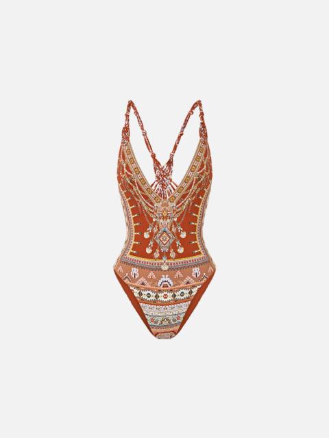 CAMILLA V NECK ONE PIECE WITH MACRAME STRAPS