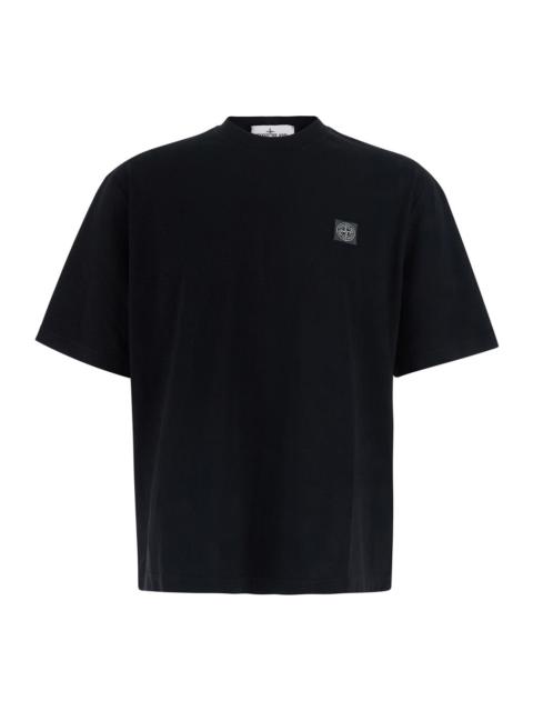 Stone Island Stone Island Men Crew Neck Heavyweight With Short Sleeves And Patch, Tech Fabric, Black, Man