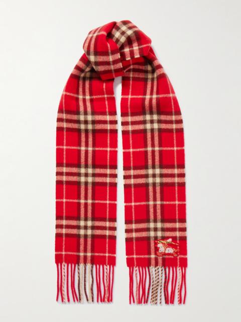 Burberry Appliquéd Fringed Metallic Checked Cashmere-blend Scarf