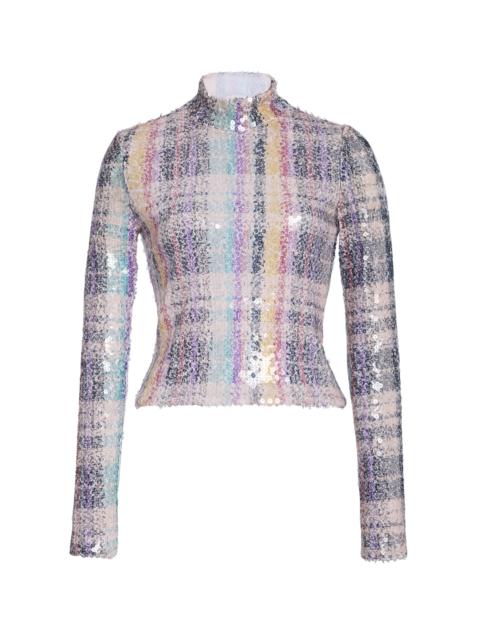 BRANDON MAXWELL The Maven  Paillette Mock Neck Top plaid
