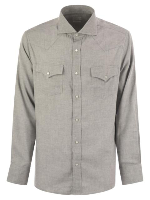 Brunello Cucinelli Brunello Cucinelli Men Stretch Cotton Chevron Flannel Easy Fit Shirt With Snap Buttons, Epaulettes A