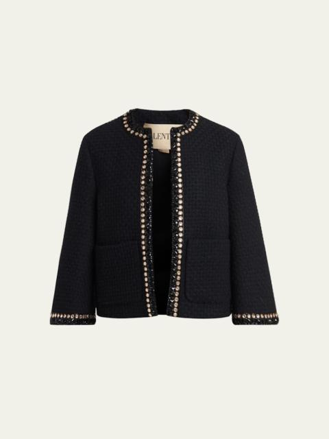Valentino Crystal-Trim Wool Jacquard Open Coat