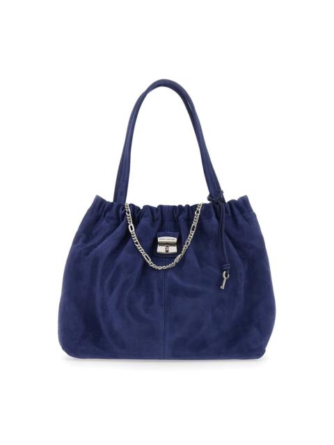 Marc Jacobs Marc Jacobs The Tote Blue Shoulder Bag With Chain Detail On The Front And Drawstring Closure In Sued