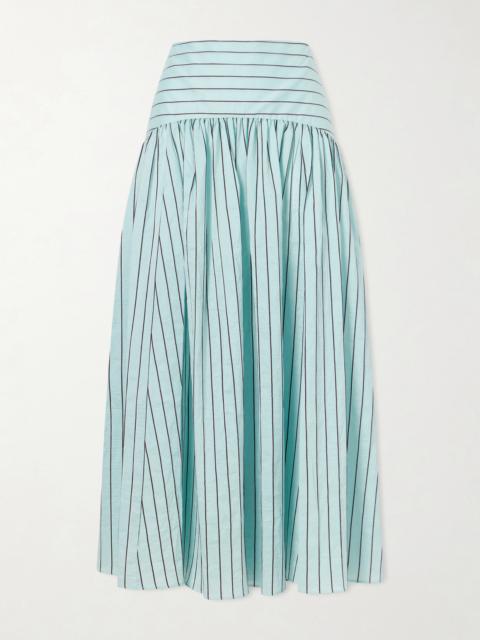 STAUD Procida Pleated Striped Cotton-blend Poplin Midi Skirt